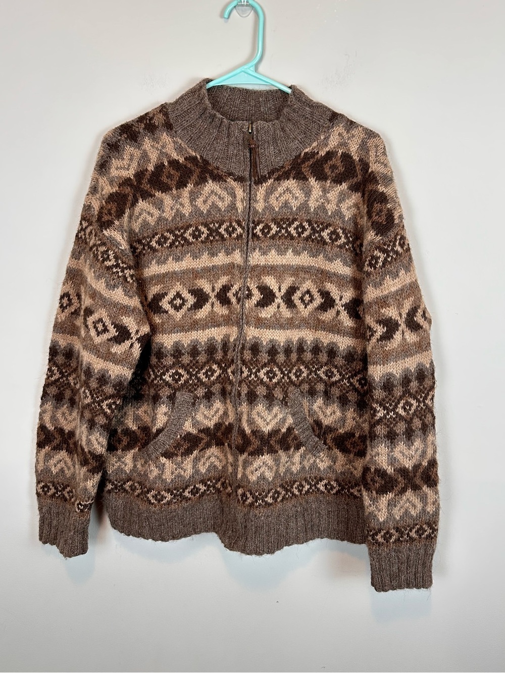 Vintage Lauren Ralph Lauren Hand Knit Llama Wool Fair Isle Zip Cardigan Sz Large
